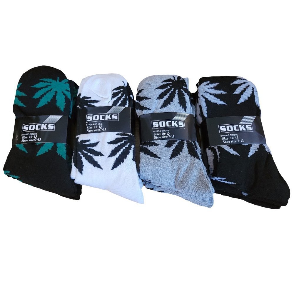 Men's Cotton Crew Socks with Weed Print, 4 pair bundle